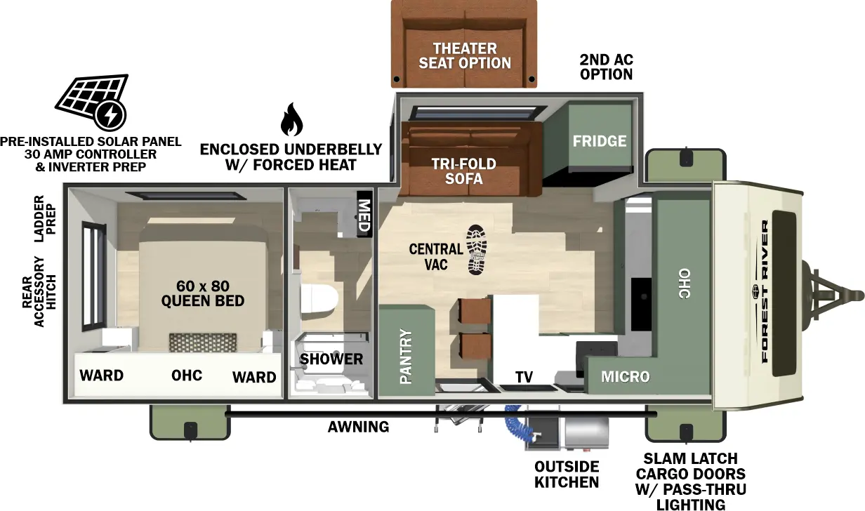 The No Boundaries NB20.5 floorplan has one entry and one slide out. Exterior features include: fiberglass exterior, 19' awning and outside kitchen. Interiors features include: front kitchen, rear bedroom and pass through bathroom.